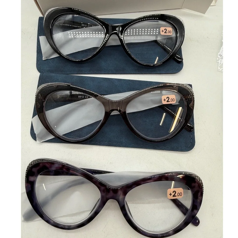 Set of 3 Cat Eye Reading Glasses +2.00 Strength Black Tortoise Rhinestone 8812